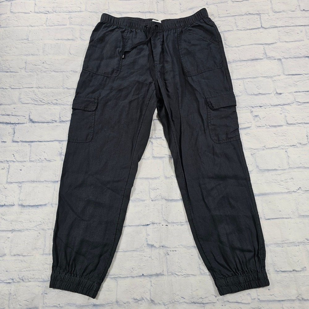 Nicole Miller Cargo Jogger Womens XL Black 100% Linen Elastic Waist Pants Pocket